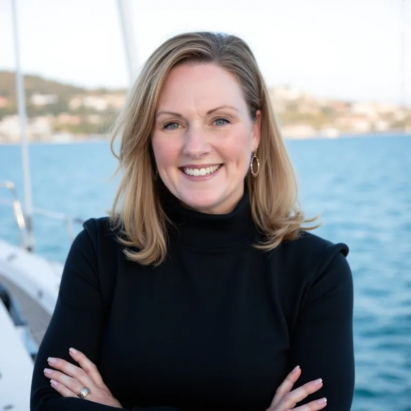 A portrait of Amy, with shoulder-length blonde hair and a black turtleneck stands smiling, with arms folded in front of a harbor.